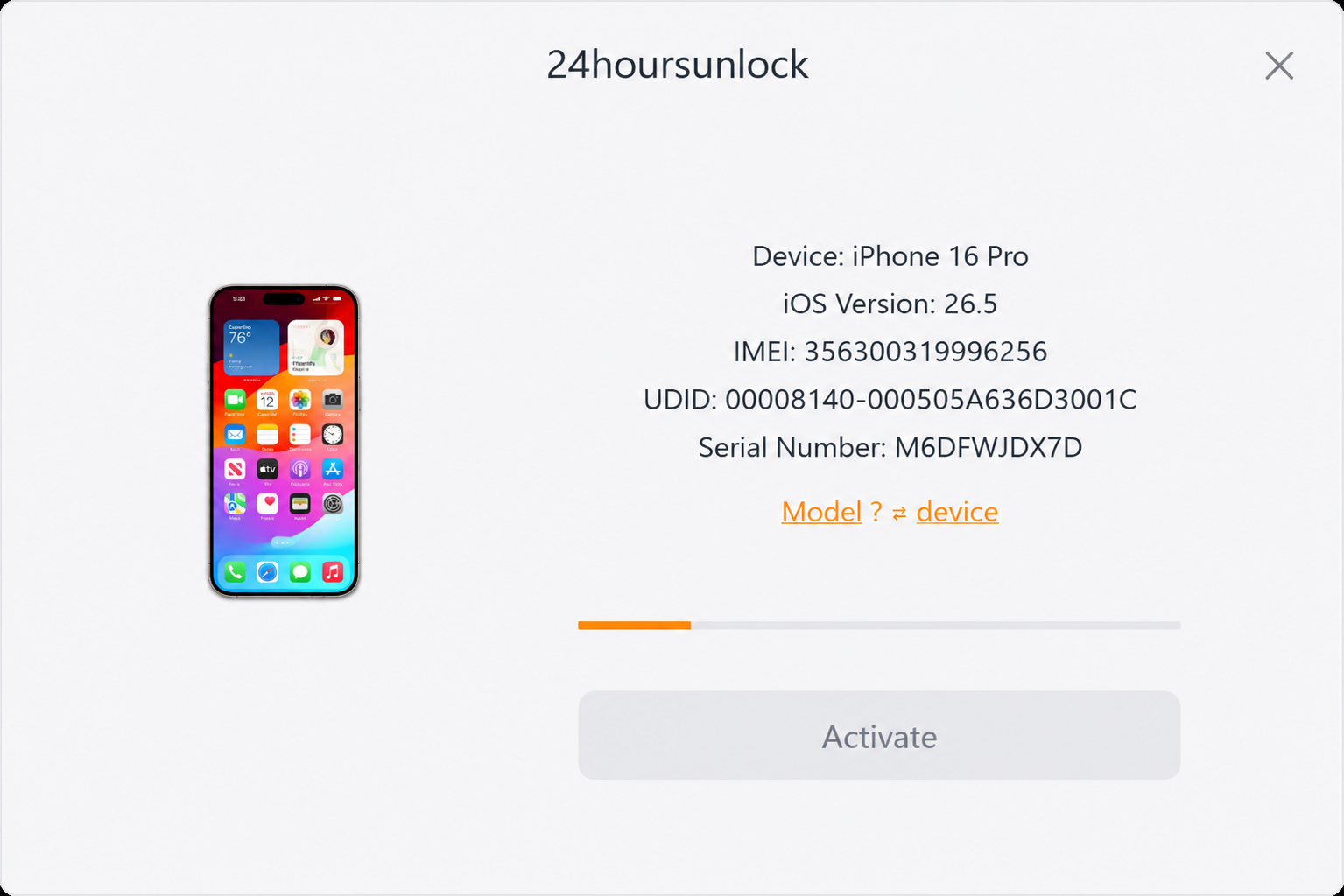 Plist Activator Serial — desktop tool detecting device Model, iOS, IMEI, UDID and Serial Number